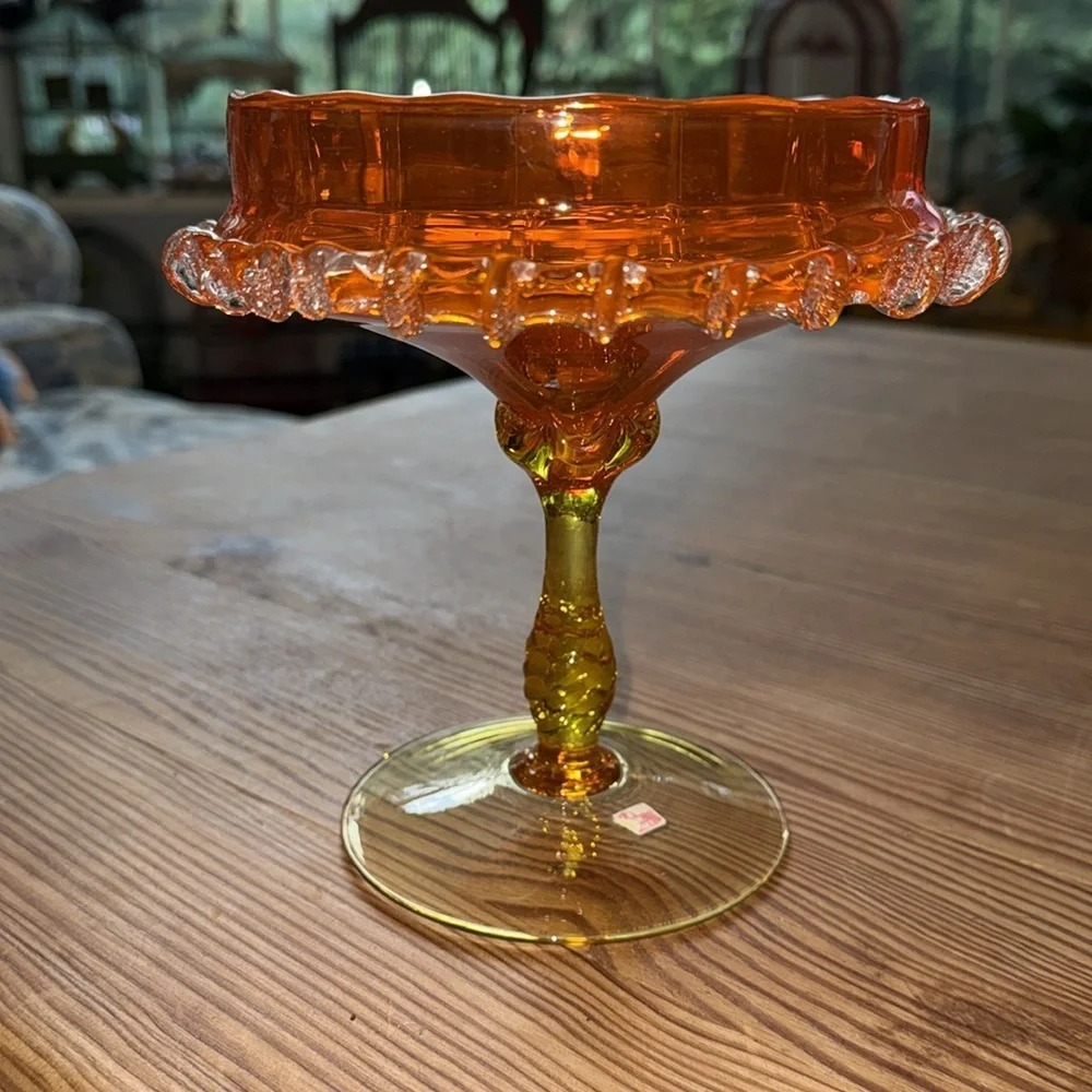 Italian Handblown Orange & Yellow Murano Glass Compote, Bowl or Candy Dish - Picture 3 of 10